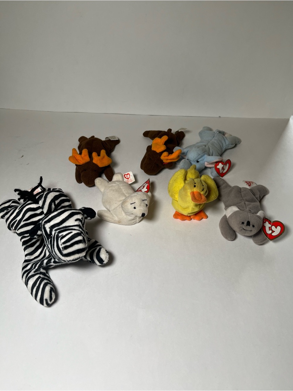 TY Beanie Babies Mini Plush Lot - Zebra, Duck, Seal, Elephant, Seal, Moose
